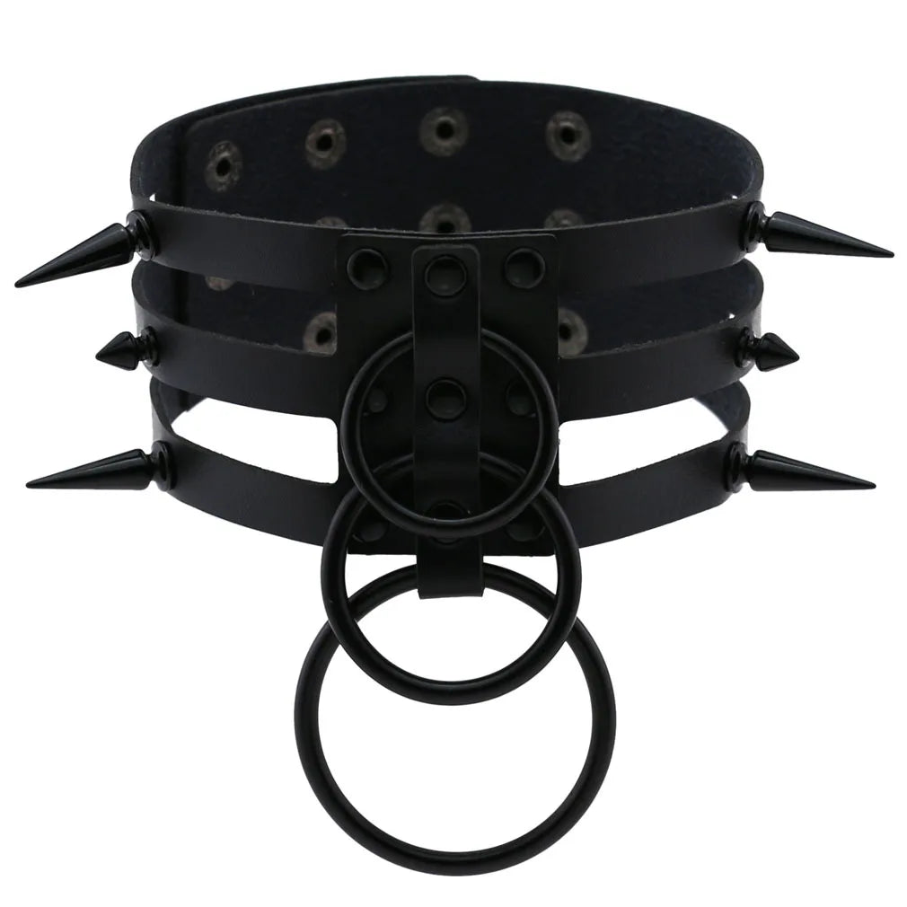 Punk Triple Strap Spike O-Ring Choker