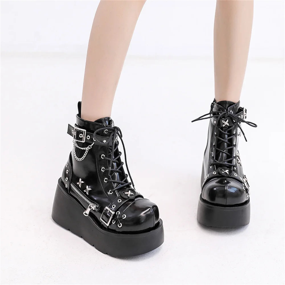 Gothic Punk Buckle Chain Platform Combat Boots