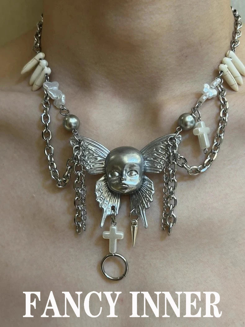 Y2K Punk Doll Face Butterfly Chain Necklace