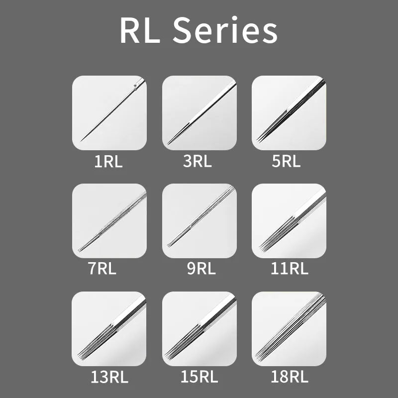 DM 50pcs Round Liner Tattoo Needles 1RL 3RL 5RL 7RL 9RL 11RL 13RL 15RL 18RL 0.35MM Disposable Sterilized Safety Tattoo Needle