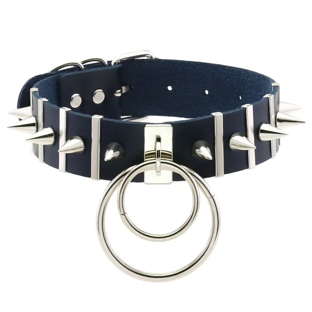 Harajuku Spike Rivet Double ring pendant Leather Choker