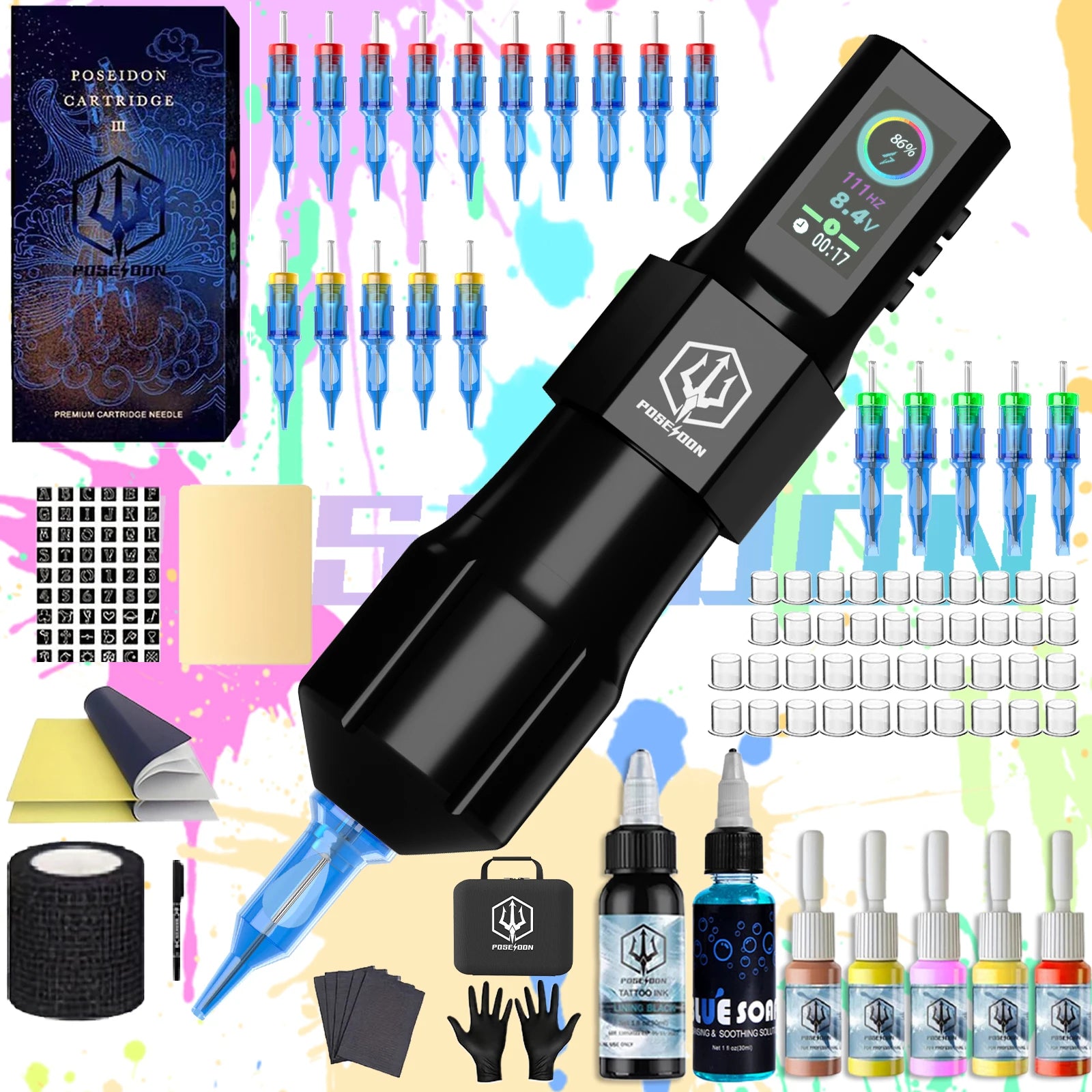 Tattoo Kit POSEIDON Hot Sale Tattoo Pen Kit For Permanent Makeup Tattoo Machine Kit Fashion Tattoo Power Supply Tattoo Gun Kit