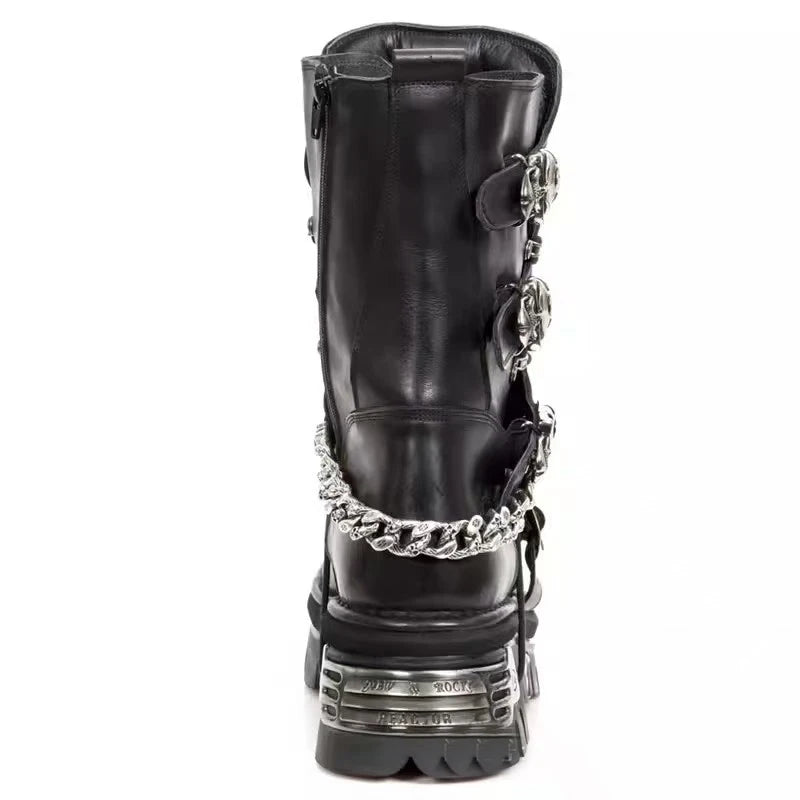 Black Gothic Skull & Chain Leather Combat Boots