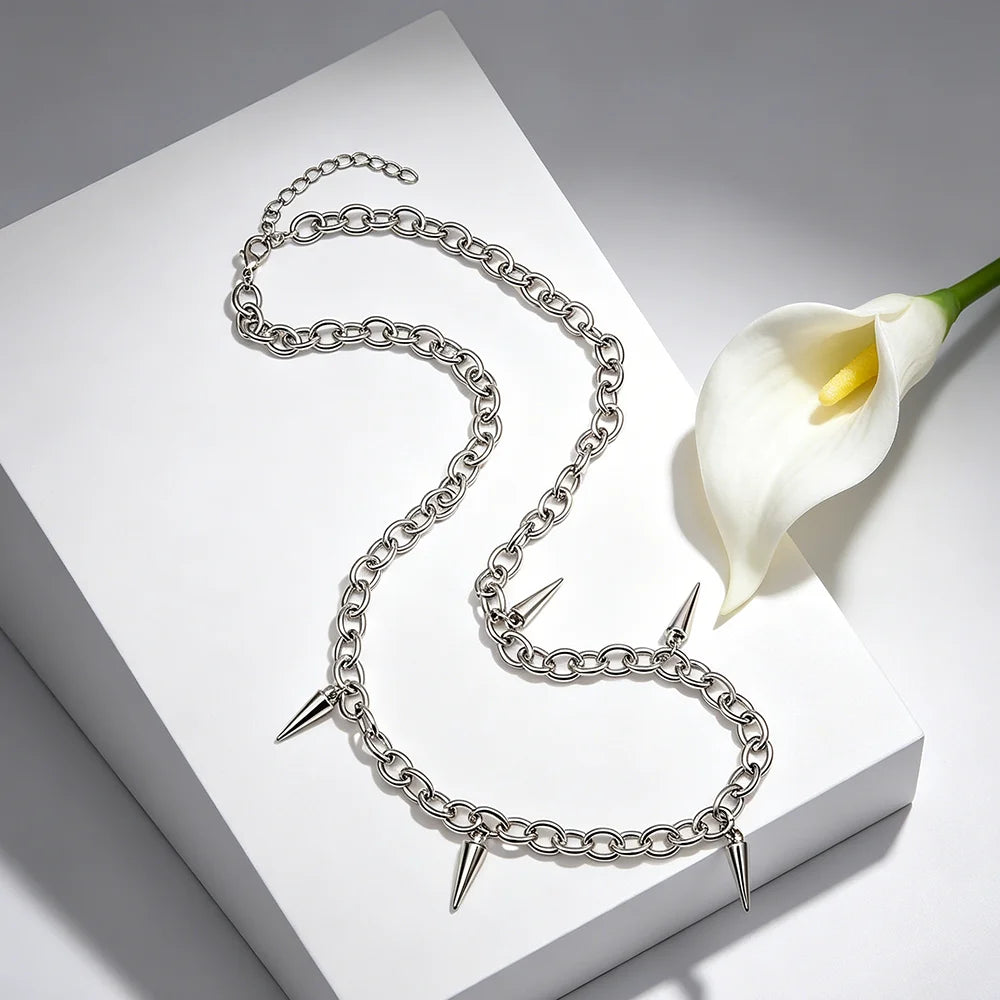 Y2K Punk Silver Spike Chain Necklace