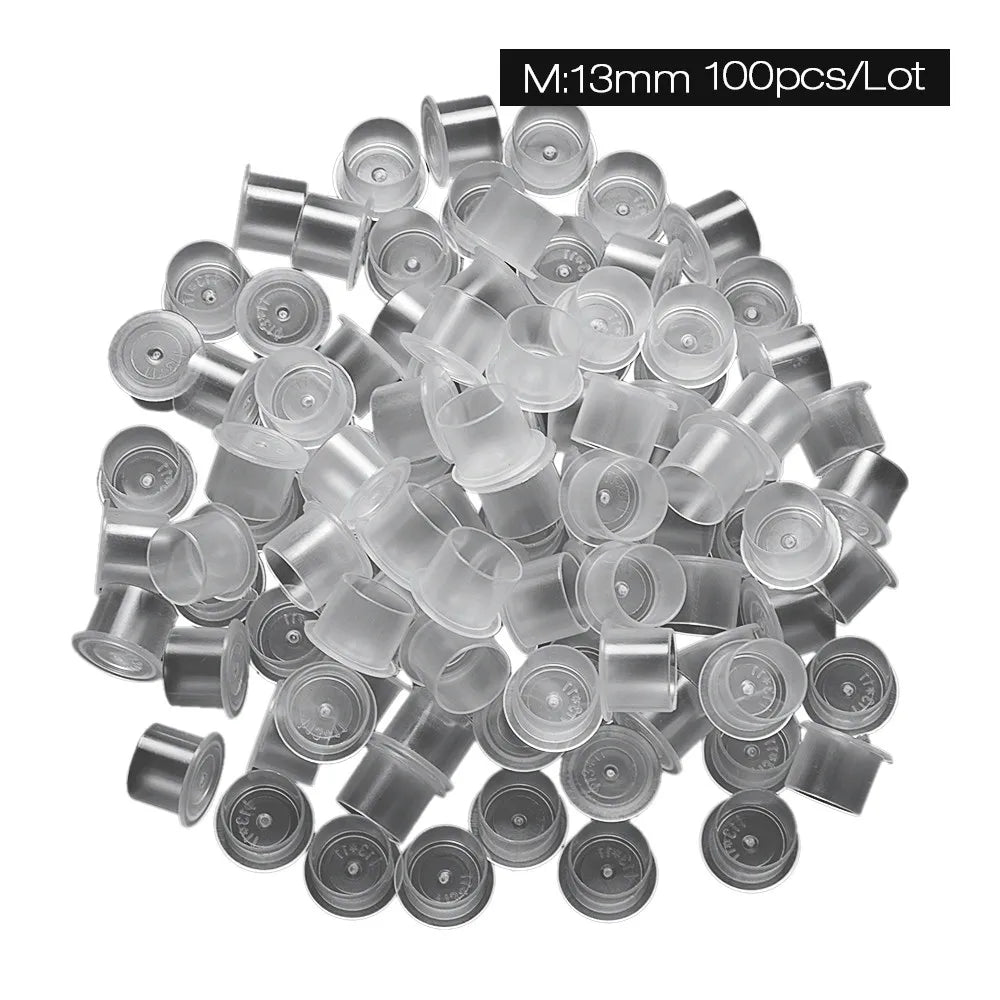 100pcs Tattoo Ink Cups Plastic Microblading Tatuagem Acessorios Pigment  Caps With Bottom S/M/L For Needle Tip Grip Power Supply