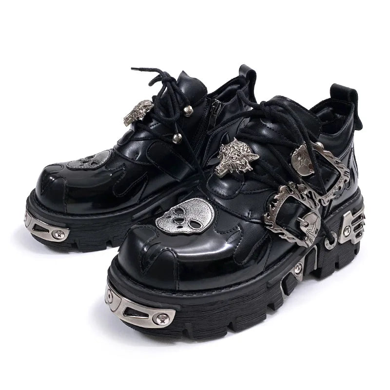 Black Gothic Skull Platform Leather Shoes