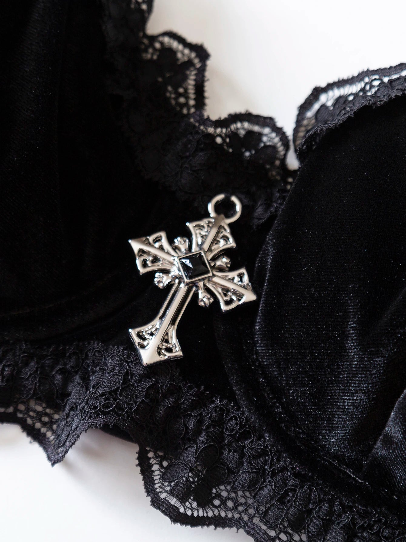 Gothic Cross Charm Black Lace Lingerie Set