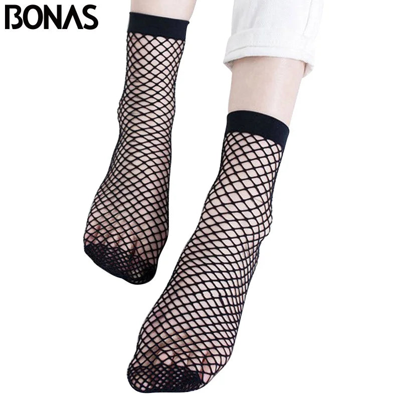 BONAS 2pcs Women's Black Fishnet Socks Breathable Mesh Lace Fish Net Short Socks Harajuku Sexy Hollow Nets Socks Ladies Sweet