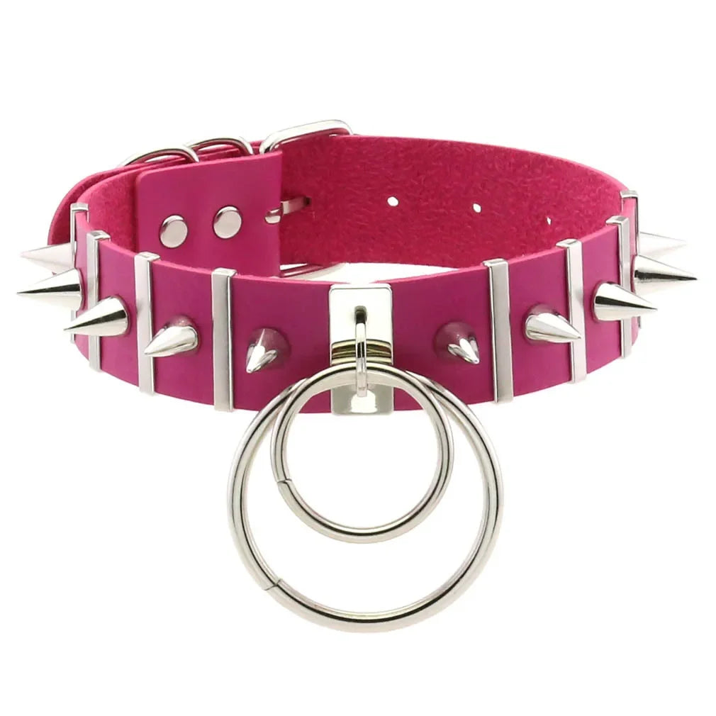 Harajuku Spike Rivet Double ring pendant Leather Choker