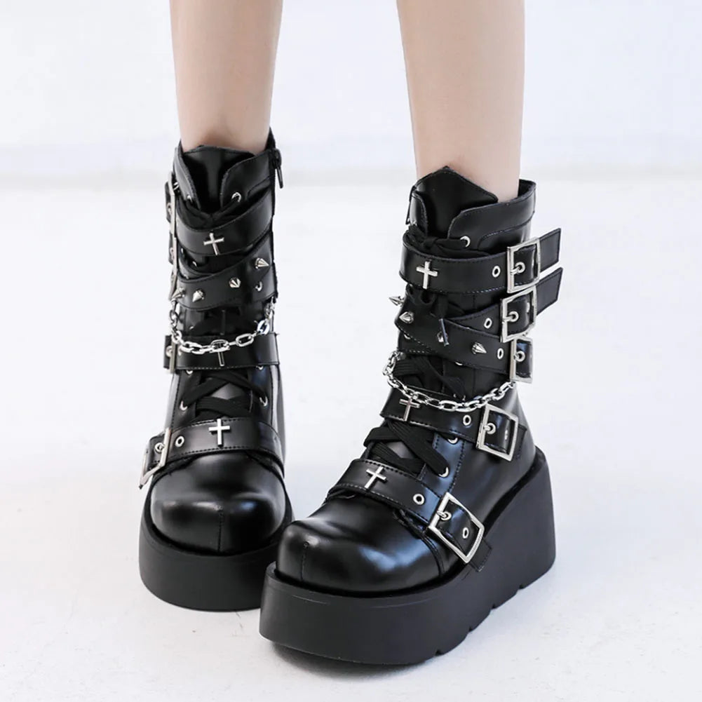 Gothic Punk Buckle Chain Platform Combat Boots