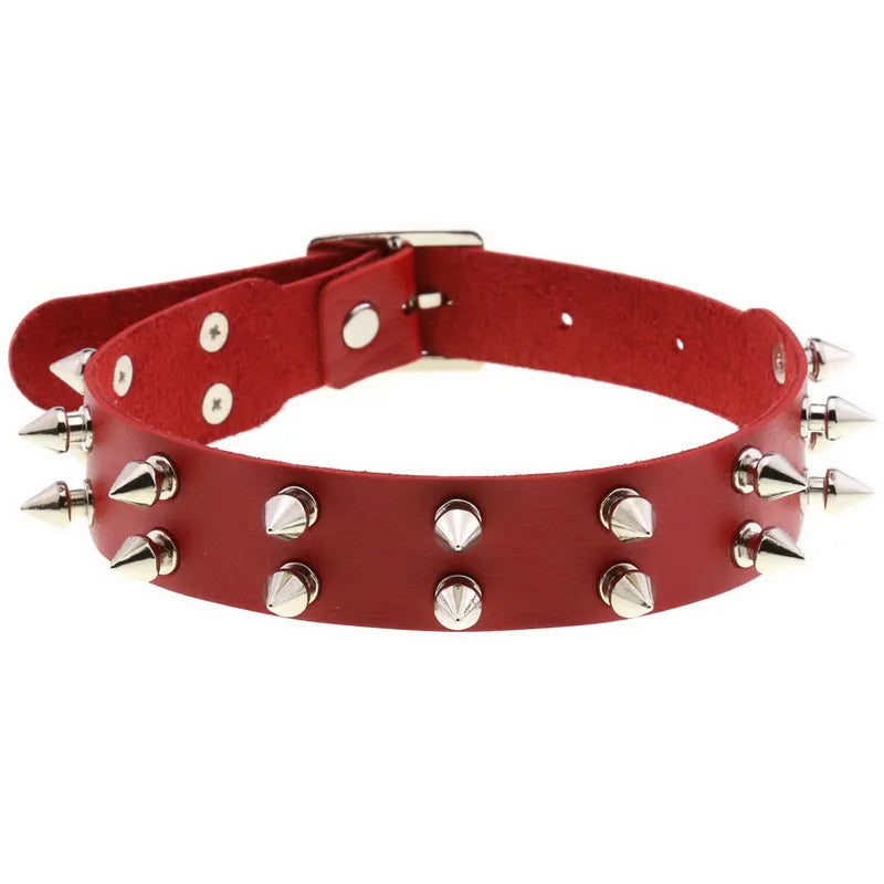 Double Row Rivet Spike Leather Choker