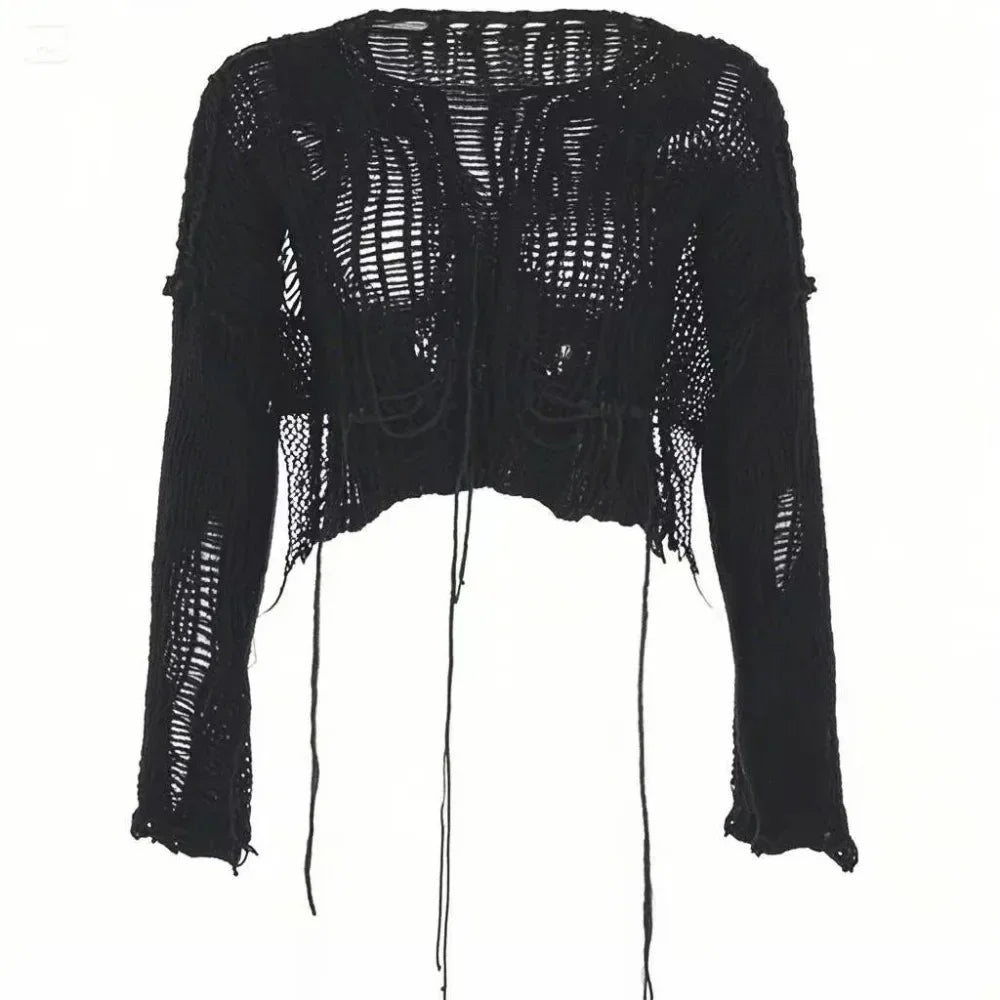 Distressed Sheer Knit Gothic Crop Sweater