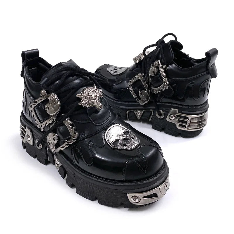 Black Gothic Skull Platform Leather Shoes