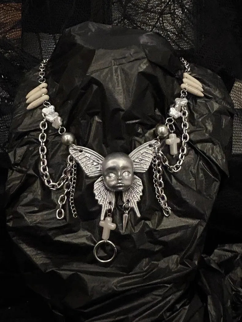 Y2K Punk Doll Face Butterfly Chain Necklace
