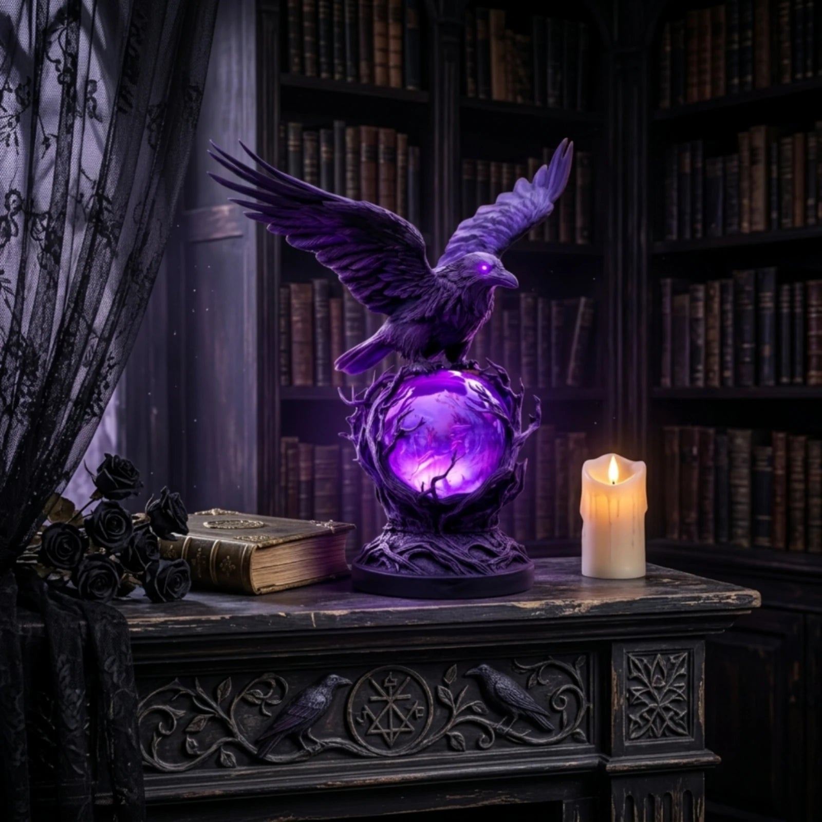 Gothic Raven Purple Crystal Ball LED Night Light