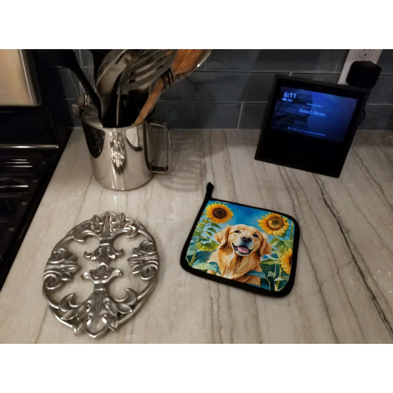 2Pcs Golden Retriever in Sunflower Heating Pad Set - Heat Resistant Pot Holders & Oven Mats Durable Non-Slip for Kitchen Cooking