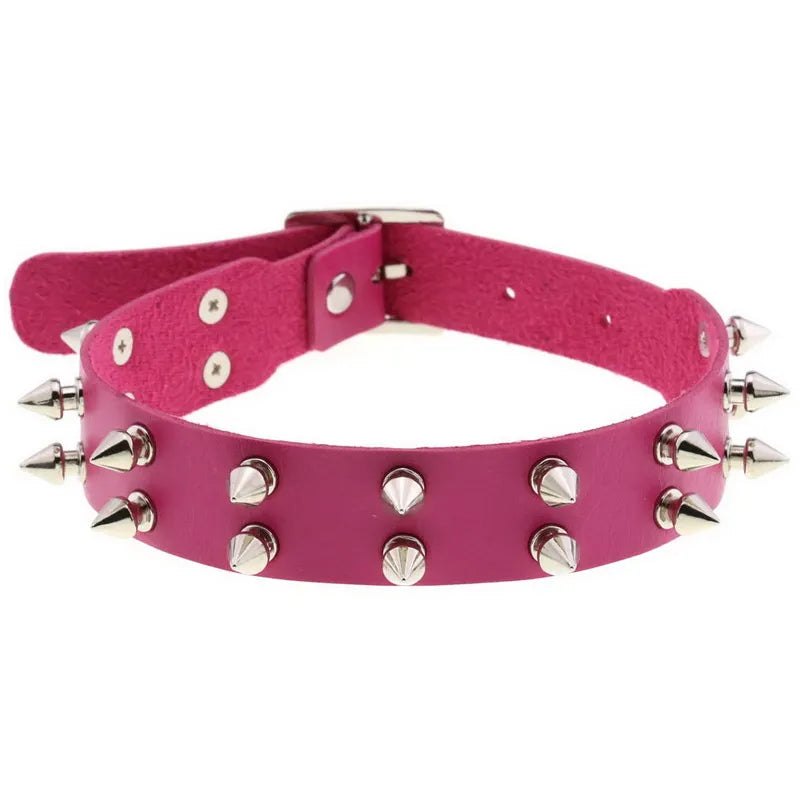 Double Row Rivet Spike Leather Choker