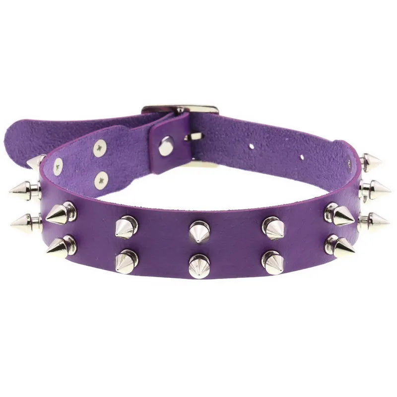 Double Row Rivet Spike Leather Choker