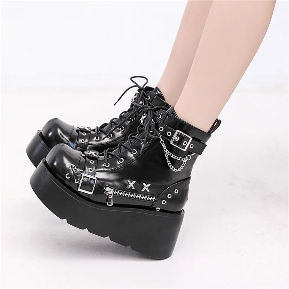 Gothic Punk Buckle Chain Platform Combat Boots