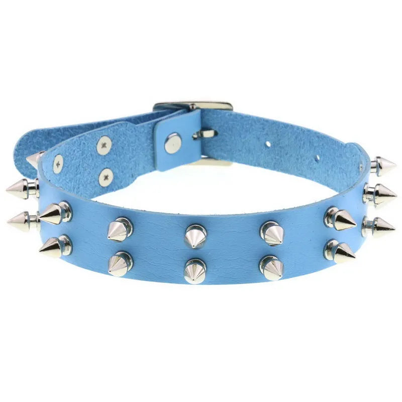 Double Row Rivet Spike Leather Choker