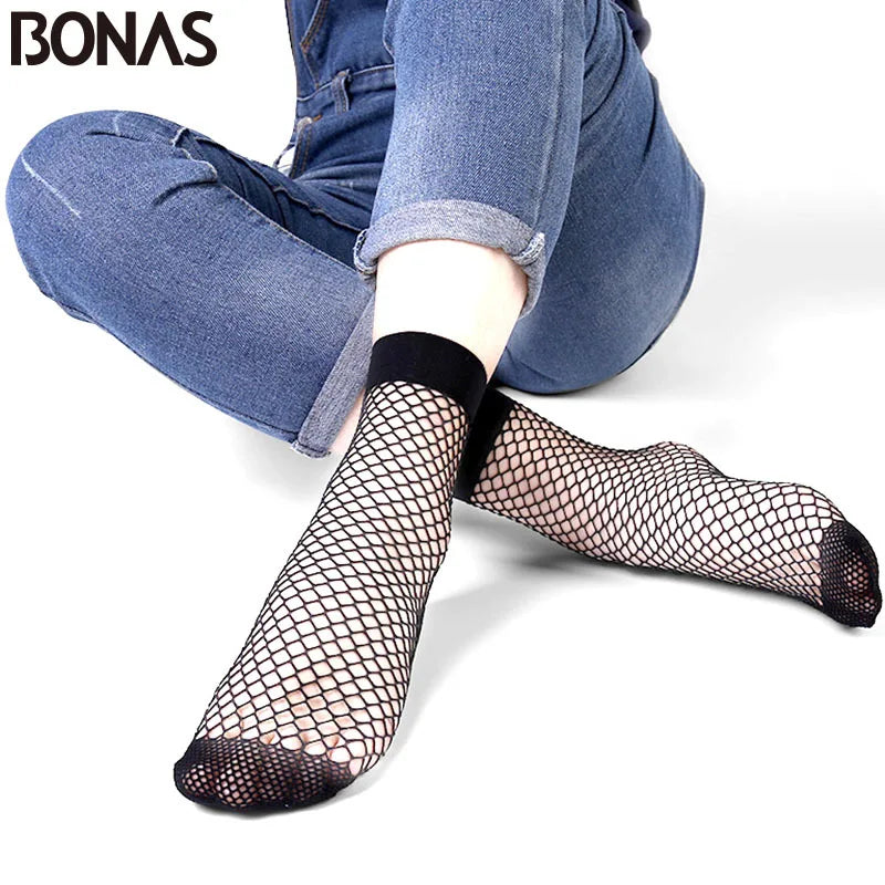 BONAS 2pcs Women's Black Fishnet Socks Breathable Mesh Lace Fish Net Short Socks Harajuku Sexy Hollow Nets Socks Ladies Sweet