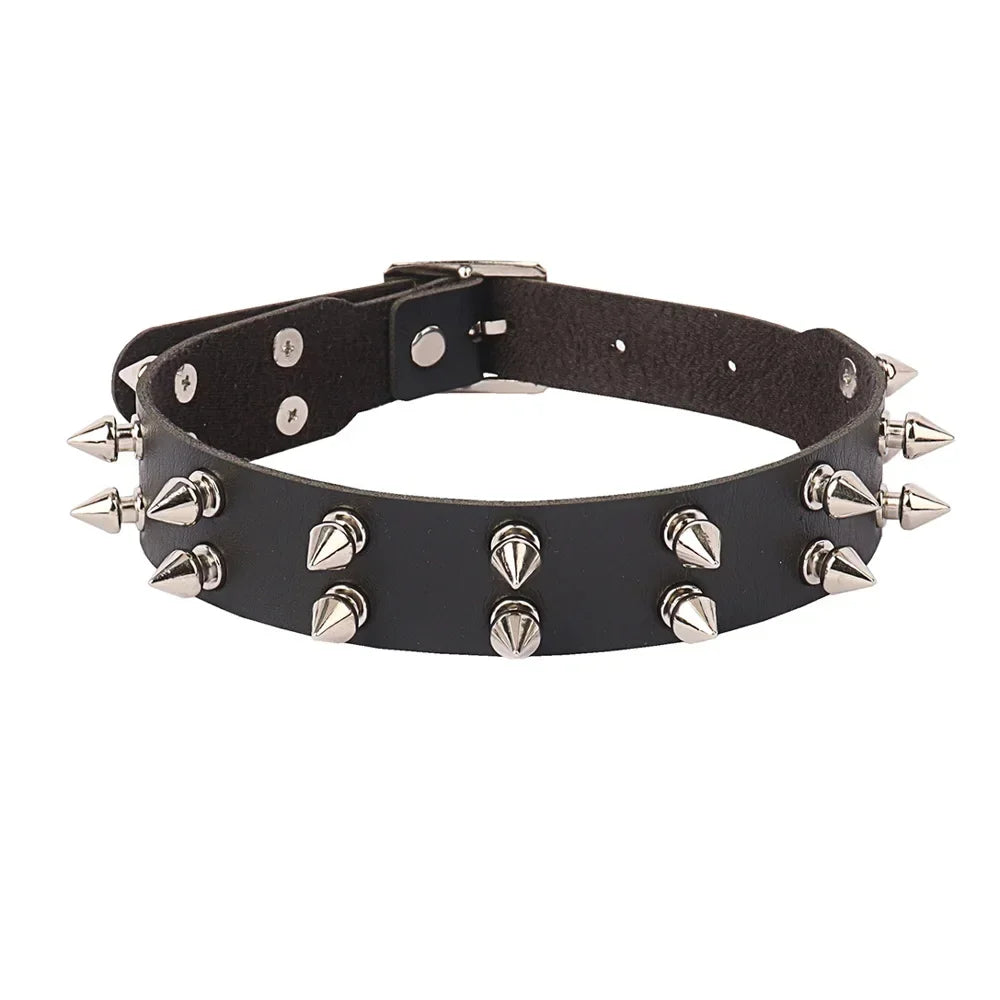 Double Row Spike Rivet Leather Choker