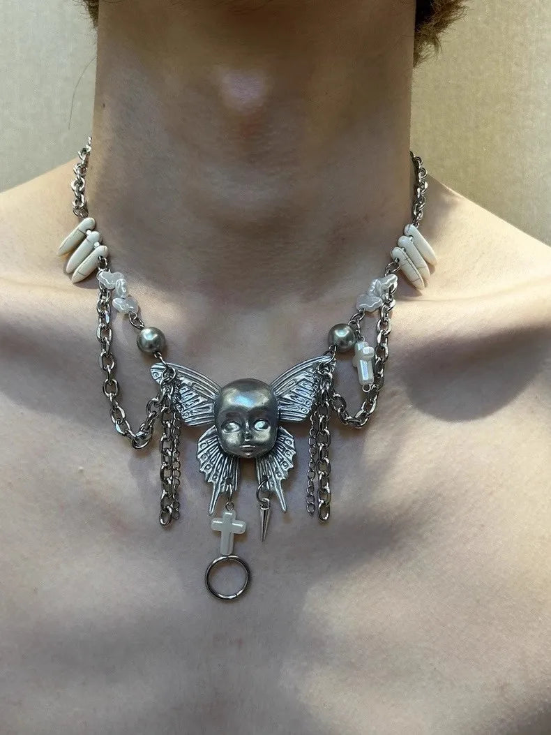 Y2K Punk Doll Face Butterfly Chain Necklace