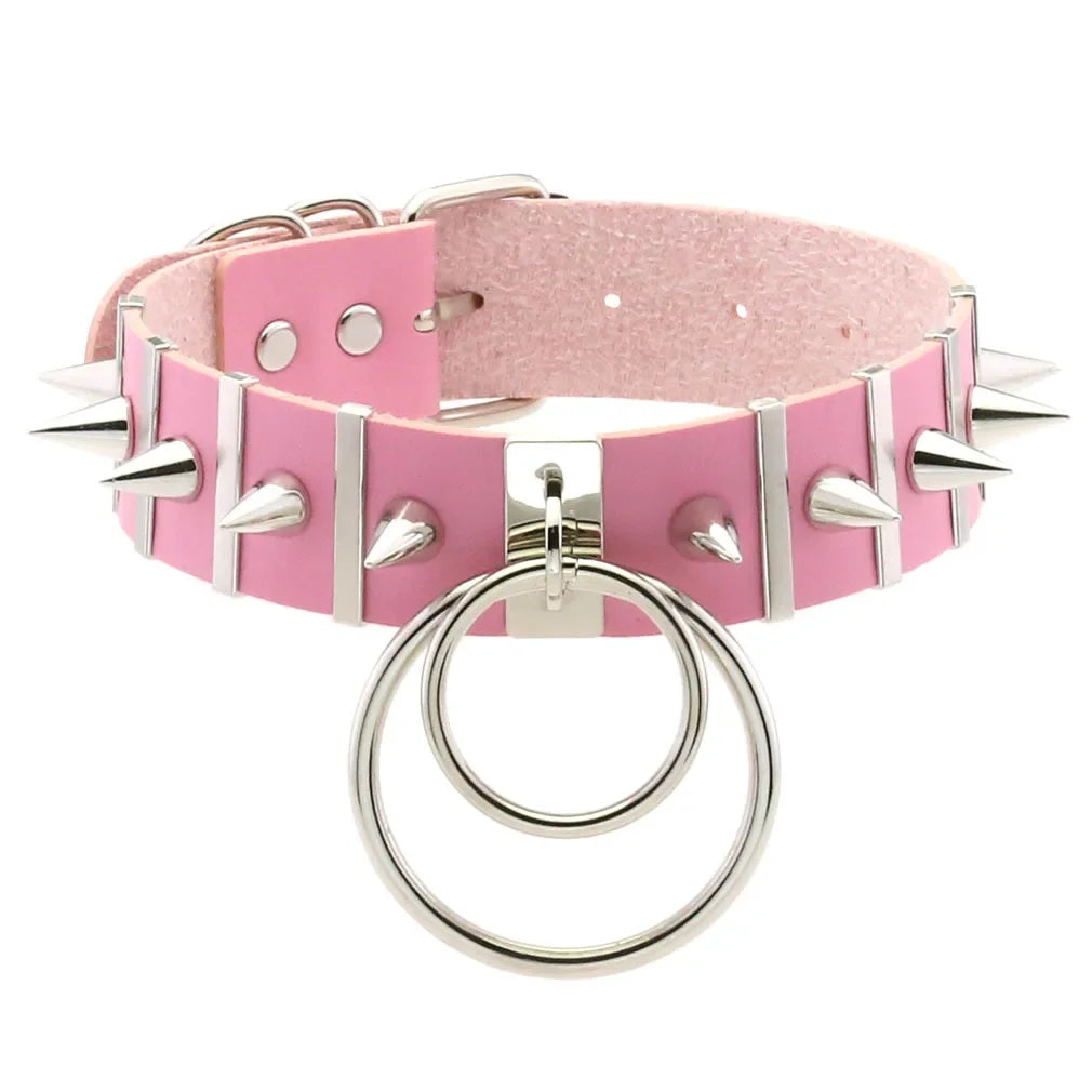 Harajuku Spike Rivet Double ring pendant Leather Choker