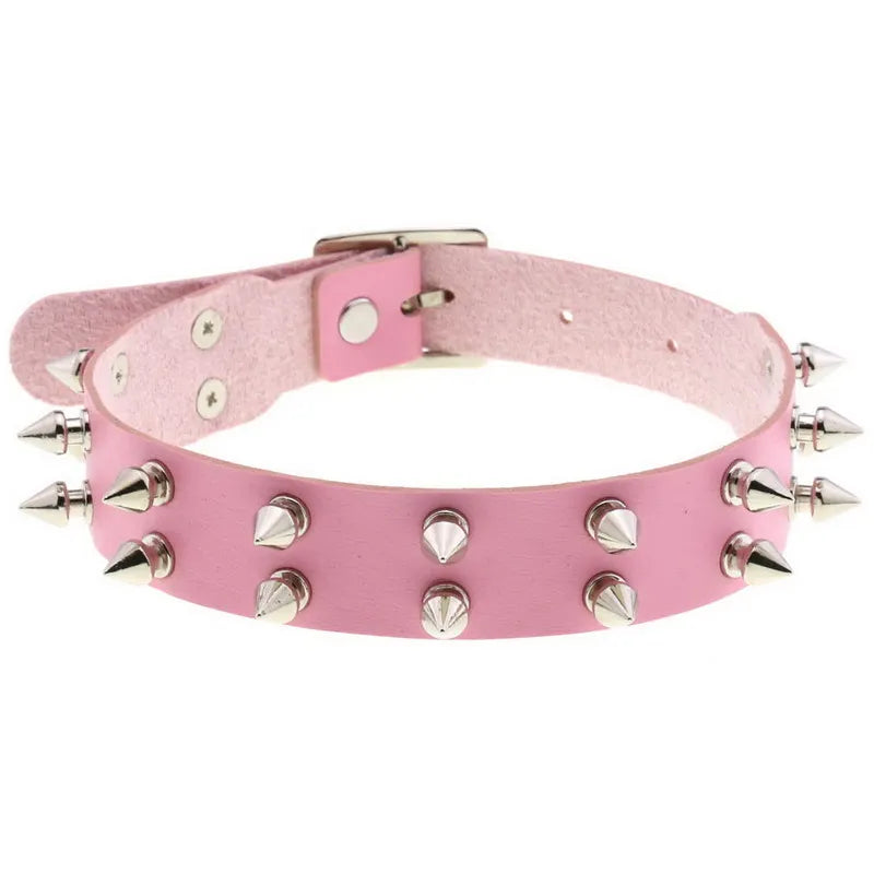 Double Row Rivet Spike Leather Choker