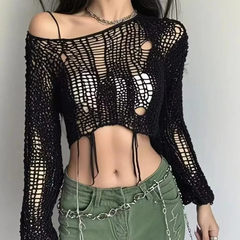 Distressed Sheer Knit Gothic Crop Sweater