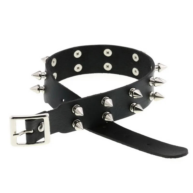 Double Row Rivet Spike Leather Choker