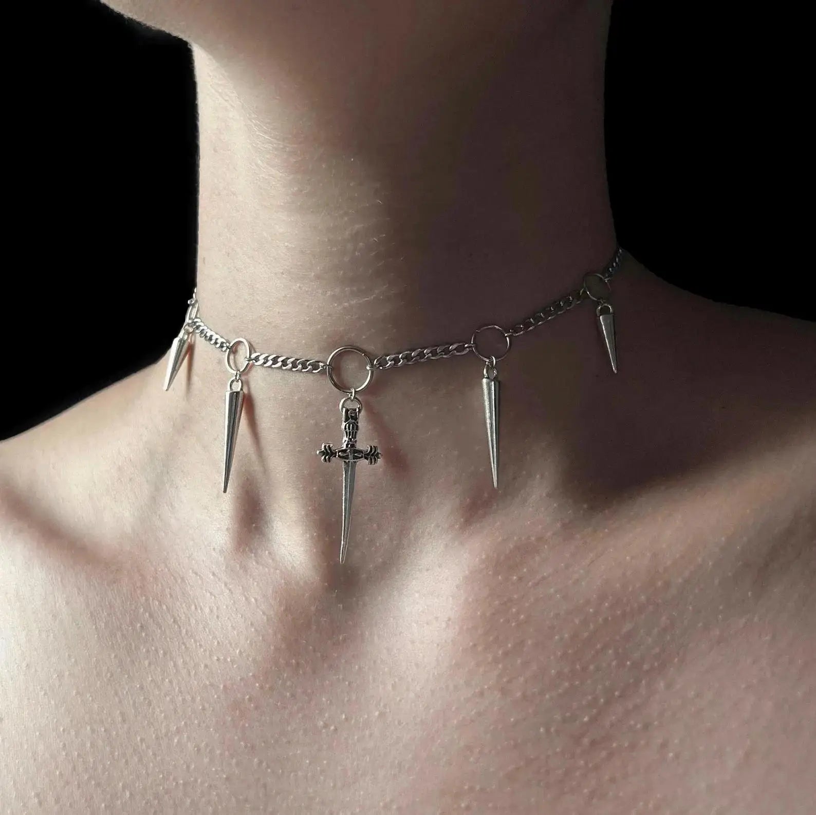 Y2K Punk Spike & Charm Chain Choker