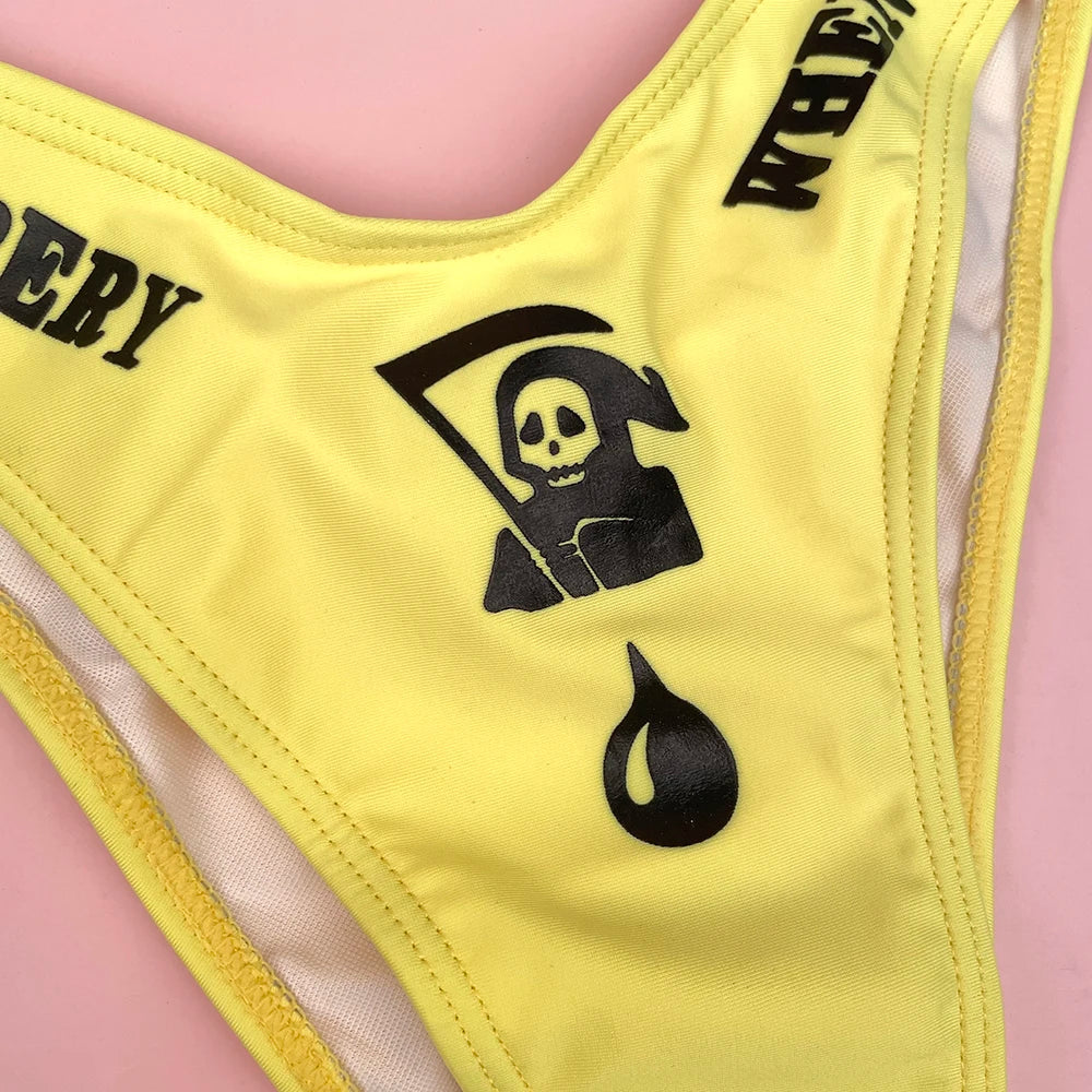 Y2K Gothic Caution Skeleton Bandeau Bikini Set