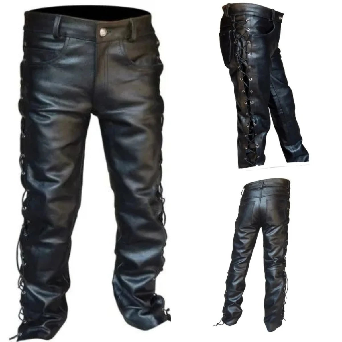 Men’s Gothic Punk Faux Leather Lace-Up Pants