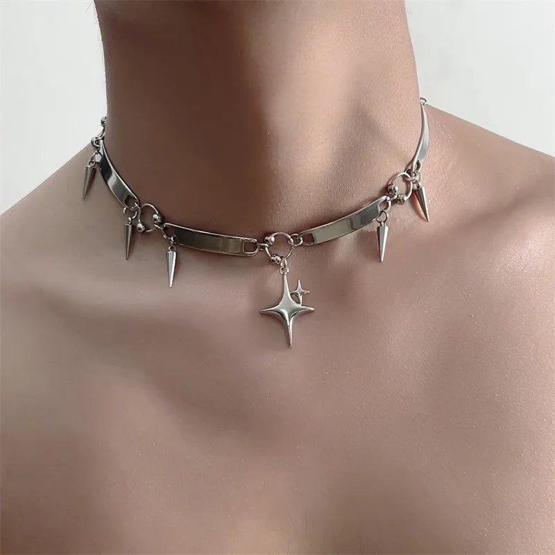 Y2K Punk Spike Star Choker Necklace