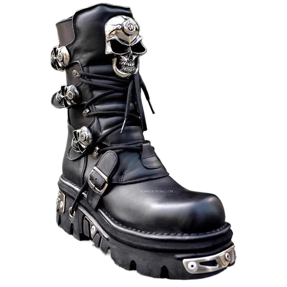 Black Gothic Skull & Chain Leather Combat Boots