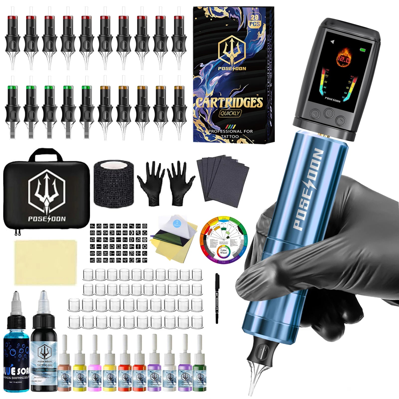 Tattoo Kit POSEIDON V5 Color Screen Tattoo Pen Kit For Permanent Makeup Tattoo Machine Wireless Tattoo Power Supply Tattoo Kit