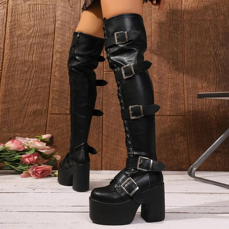 Women’s Gothic Over-the-Knee Buckle Platform Boots