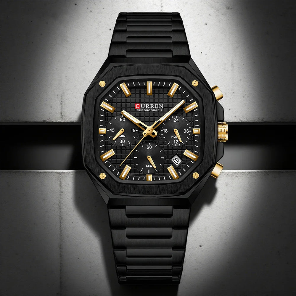 CURREN Luxury Square Chrono Watch for Men Classic Design Gold Accents on Black Dial Fashion Quartz Wristwatch Luminous Hands