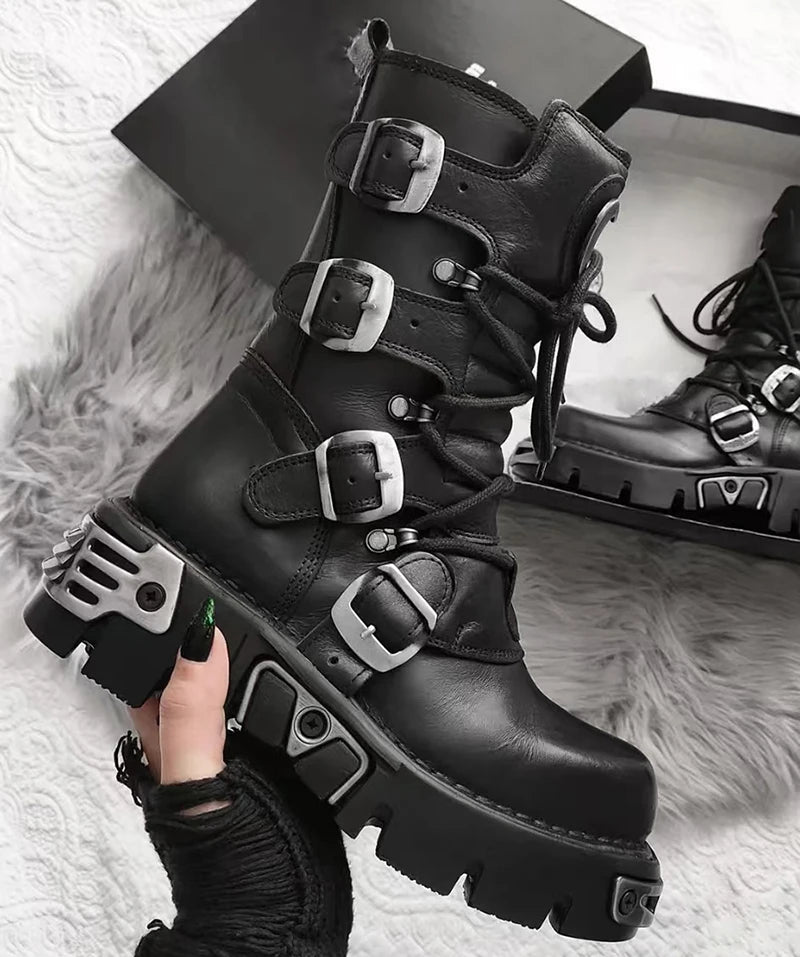 Black Gothic Multi-Buckle Platform Combat Boots