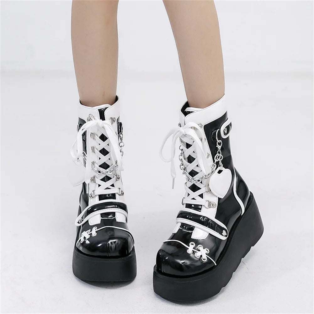Gothic Punk Buckle Chain Platform Combat Boots