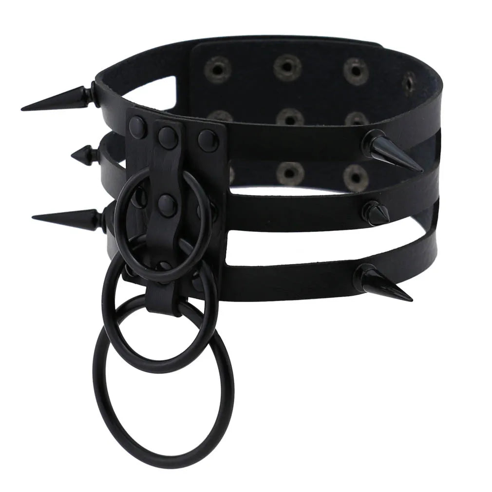 Punk Triple Strap Spike O-Ring Choker