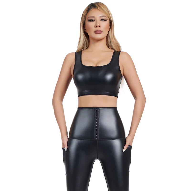 Cool Girl Faux Leather Crop Tank Top & Waist Trainer