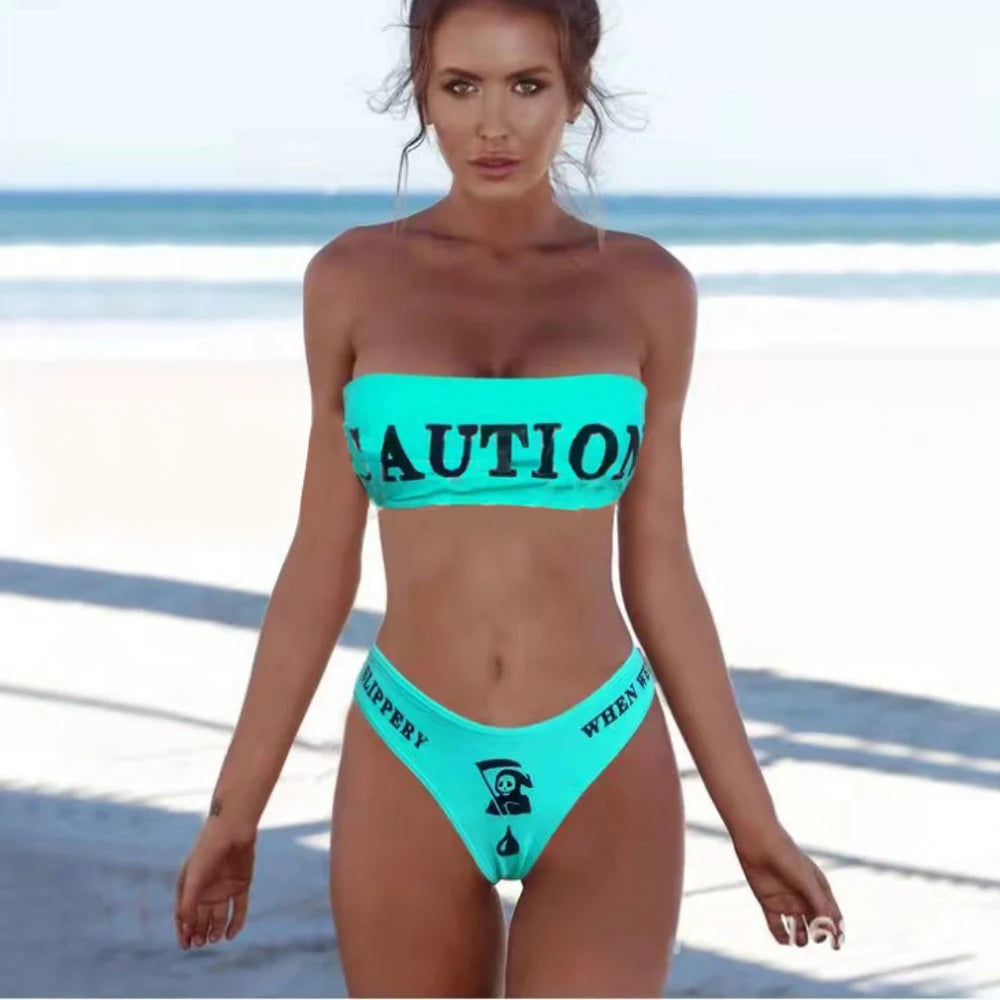 Y2K Gothic Caution Skeleton Bandeau Bikini Set