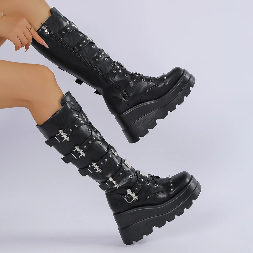 Black Gothic Buckle Platform Knee-High Boots