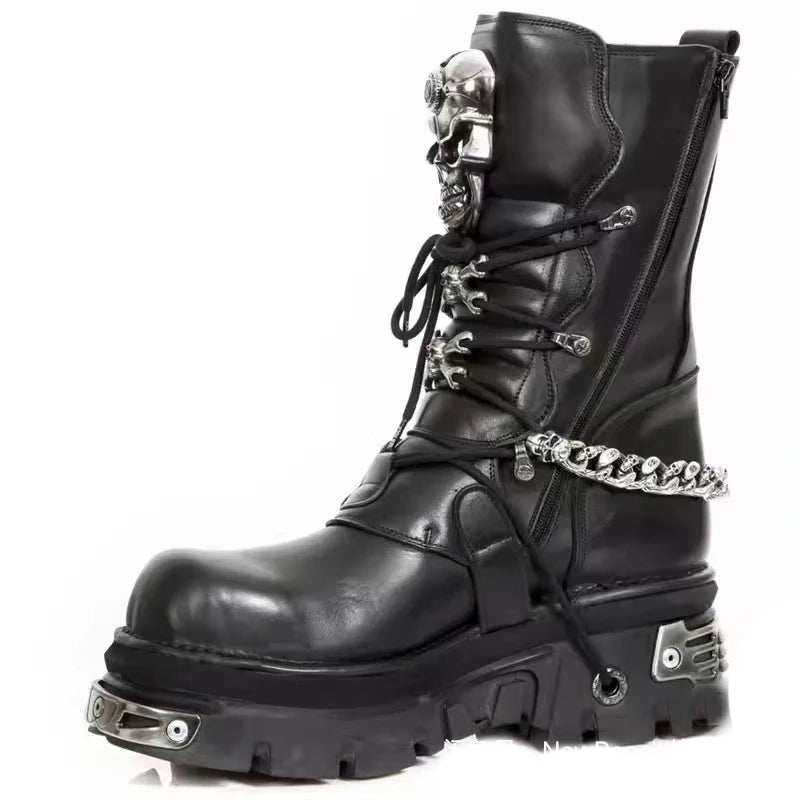 Black Gothic Skull & Chain Leather Combat Boots