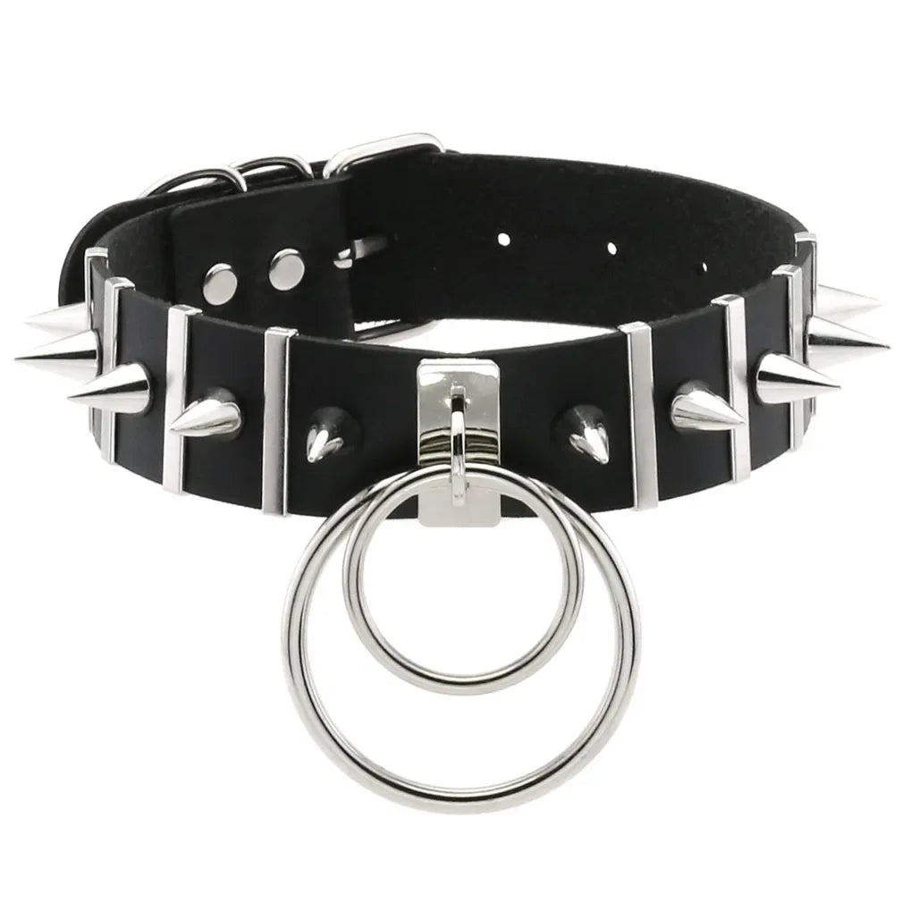 Harajuku Spike Rivet Double ring pendant Leather Choker