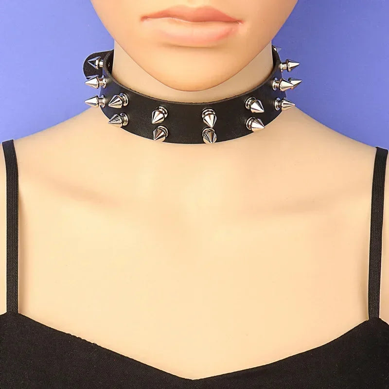 Double Row Spike Rivet Leather Choker