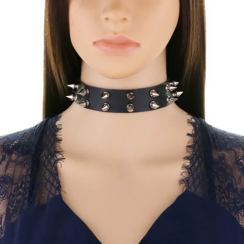 Double Row Rivet Spike Leather Choker