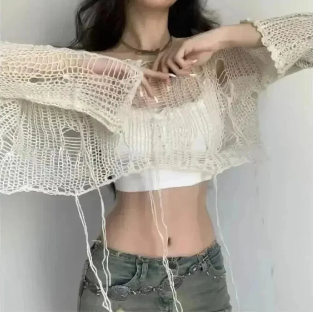 Distressed Sheer Knit Gothic Crop Sweater